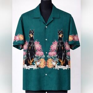 HUF Worldwide Doberman Graphic Camp Shirt Green Floral Button Up XL Streetwear